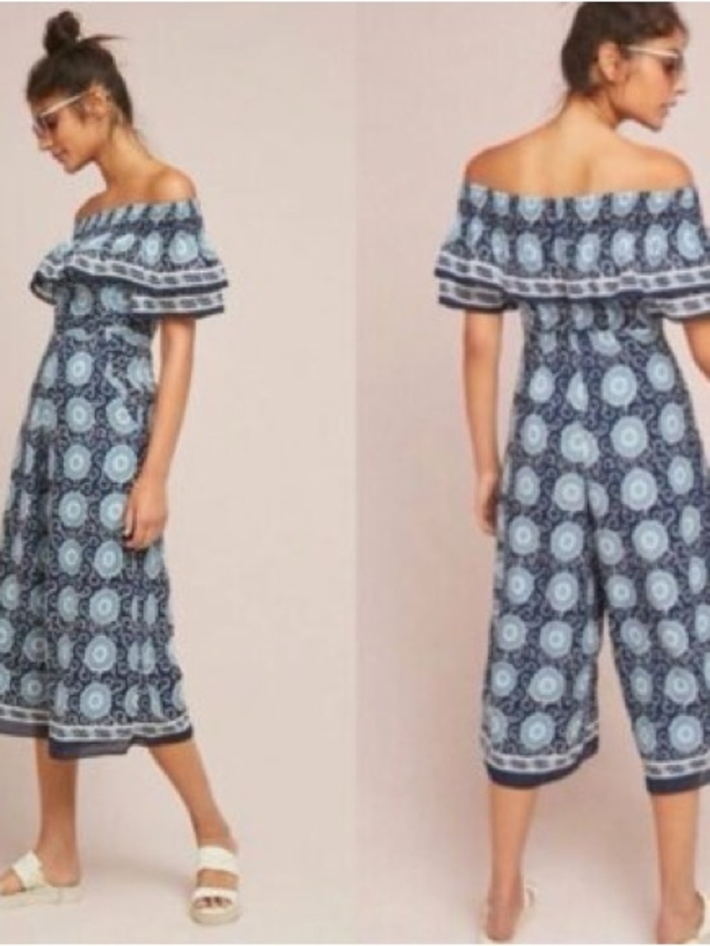 Anthropologie Kopal Suzani Off-the-Shoulder Cropped Wide Leg Romper | Small